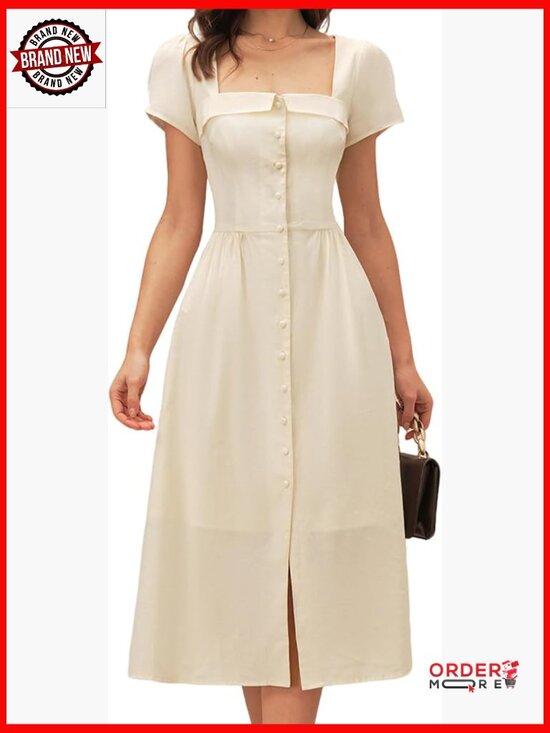 Dresses & Skirts - Short Sleeve Puff Square Neck A-Line Midi Dress